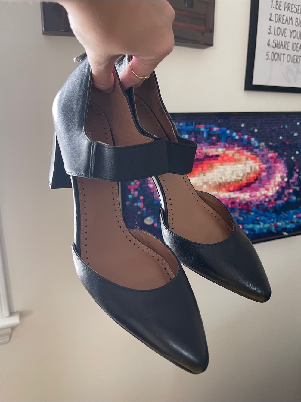 Adrienne Vittadini Black Pointed Toe Block Heel Pumps with Ankle Strap